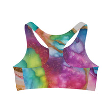 Celestial Luxe Racerback Sports Bra – Marble Rainbow Glow Print | Unique & Colorful LGBTQ+ Fashion by Rainbowtique