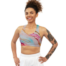 Celestial Luxe Racerback Sports Bra – Marble Rainbow Glow Print | Unique & Colorful LGBTQ+ Fashion by Rainbowtique
